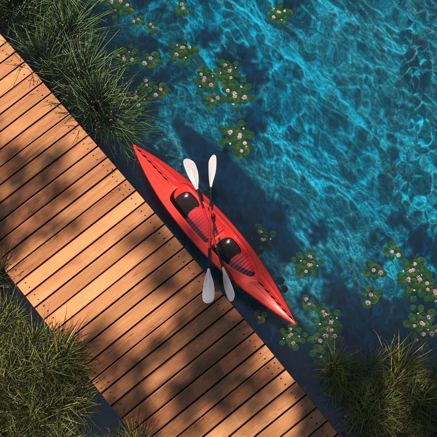 Red kayak on a timber jetty over the clear lake water at Laguna Lakelands
