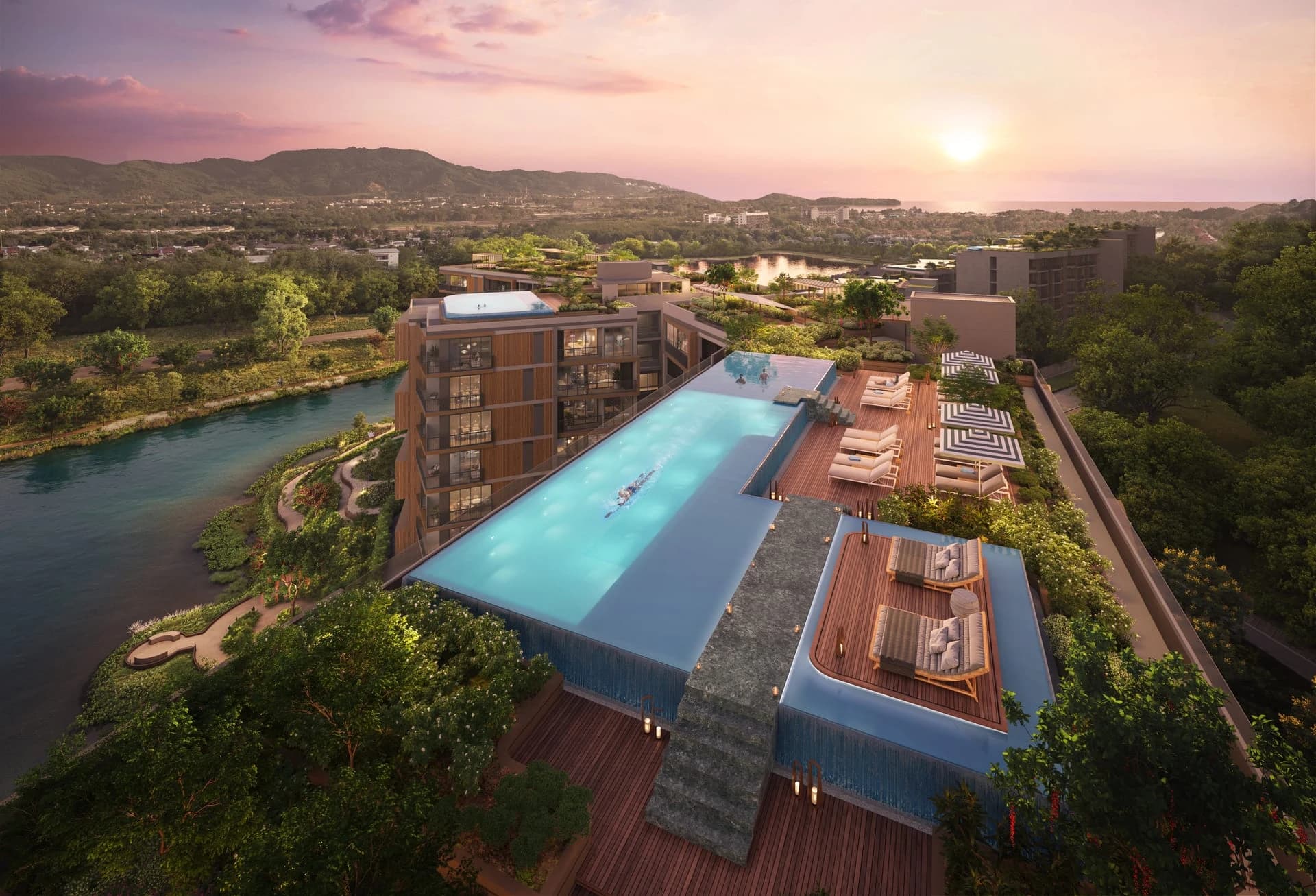 Skypark Elara rooftop pool at sunset — developer rendering