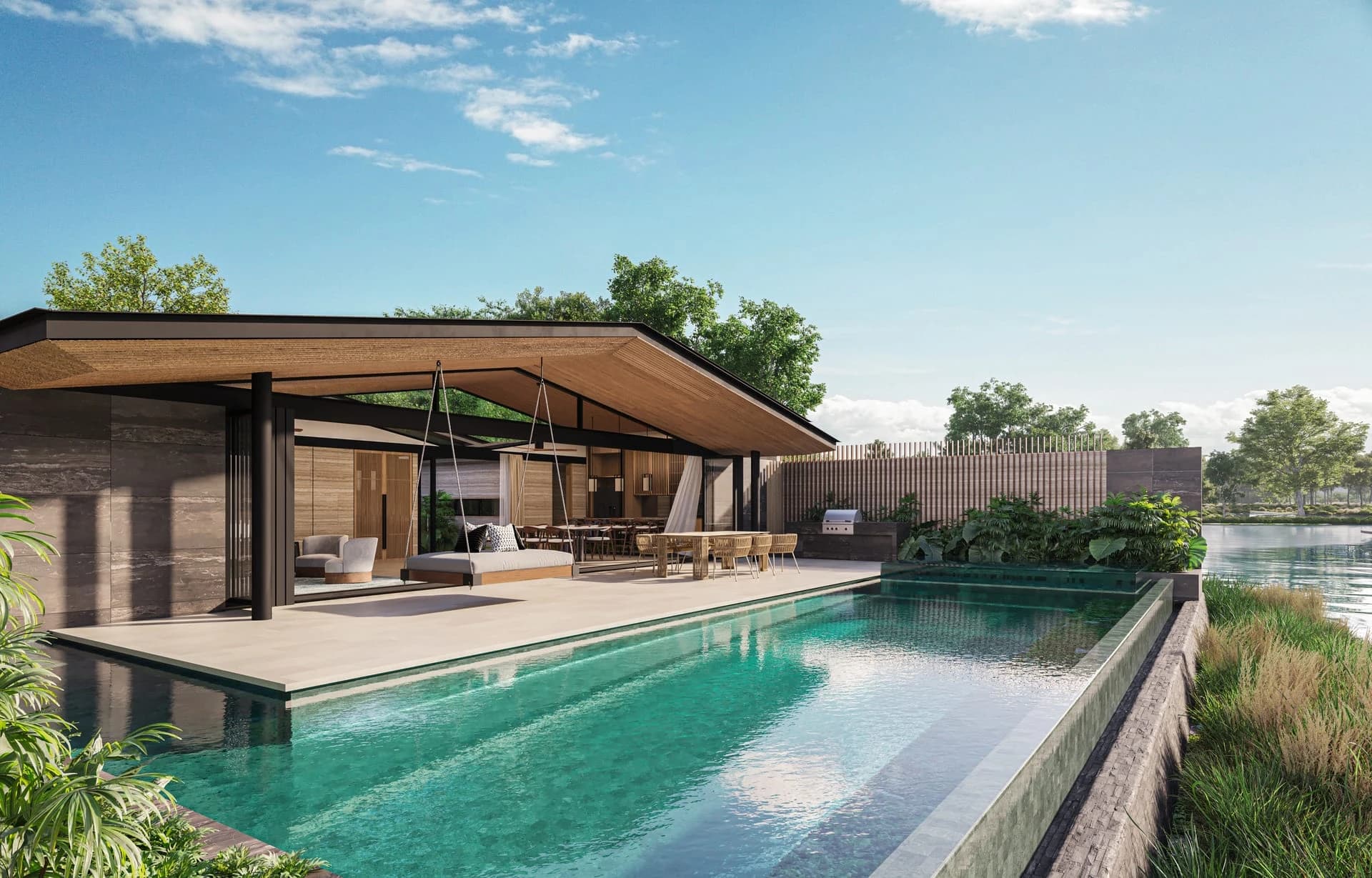 Waterfront Villa Pool, der in den See übergeht — Rendering des Bauträgers