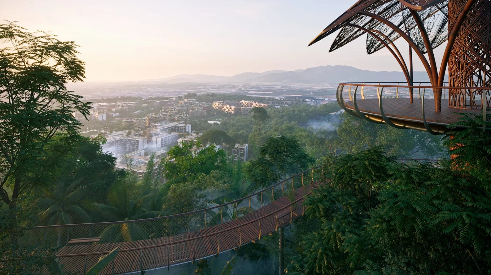 Forest canopy walkway and viewing tower over the hills of Laguna Lakelands at dusk — developer rendering