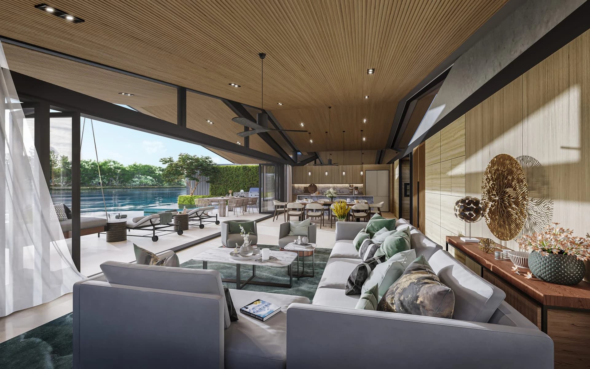 Waterfront Villa living room under the timber roof — developer rendering