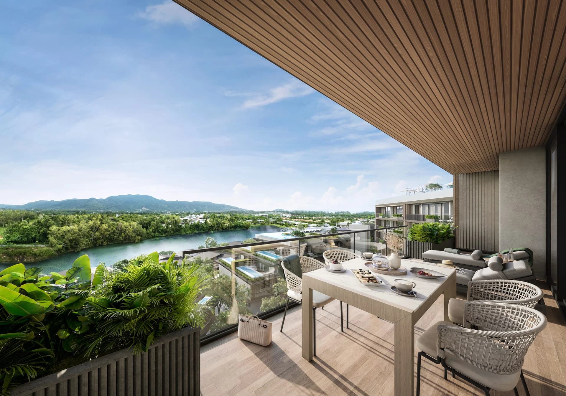 Terrasse einer Waterside-Residenz über dem See — Rendering des Bauträgers