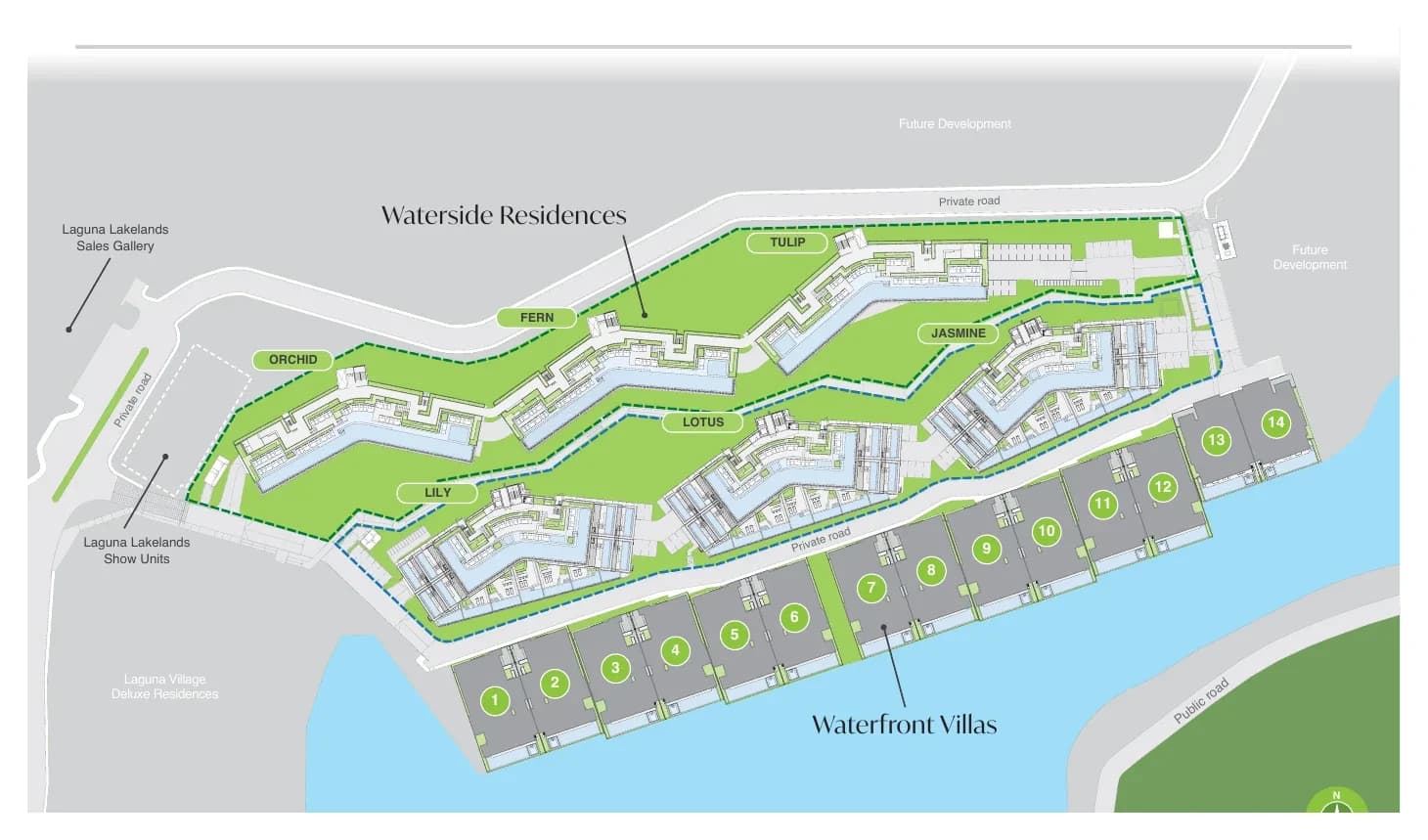 Laguna Lakelands site plan: six Waterside blocks (Lily, Lotus, Jasmine, Orchid, Fern, Tulip) and the 14 Waterfront Villa plots along the lake