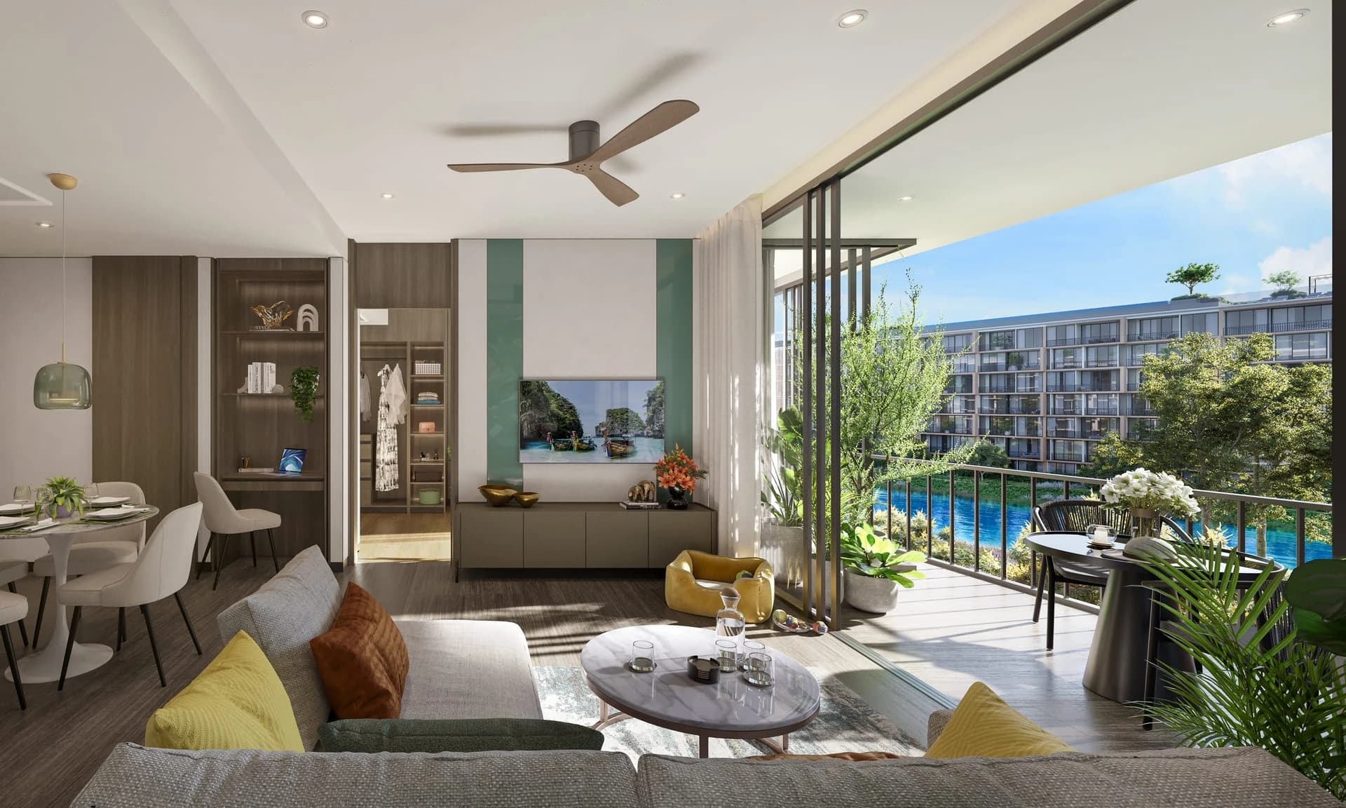 Skypark Elara three-bedroom living room over the lagoon — developer rendering