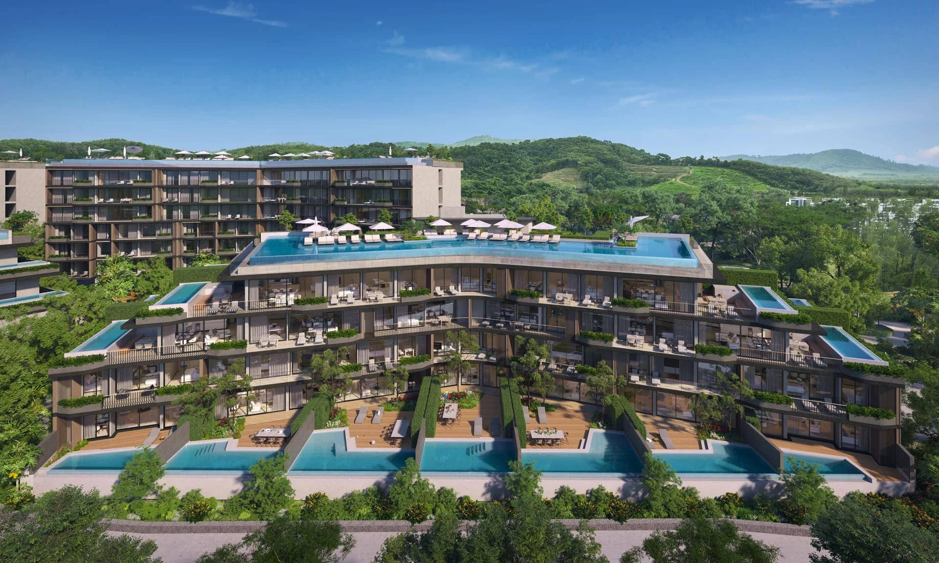 7-geschossiger Waterside-Residences-Block mit Infinity-Pool auf dem Dach — Rendering des Bauträgers